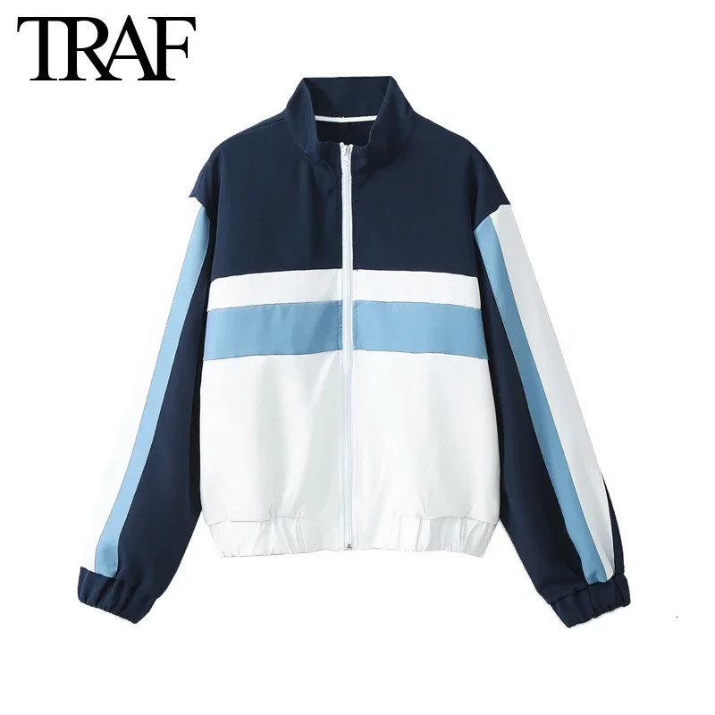 TRAF Women Fashion Spring Stripe Long Sleeve Zip Bomber Jacket Chic Female High Waist Jogging Pants Twopiece Set 241203