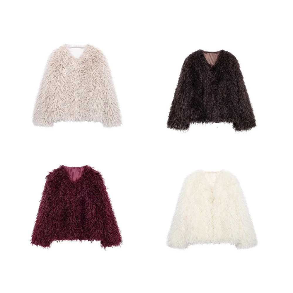 RARF loose faux fur effect round neck long sleeved short jacket for womens autumn and winter style 241211