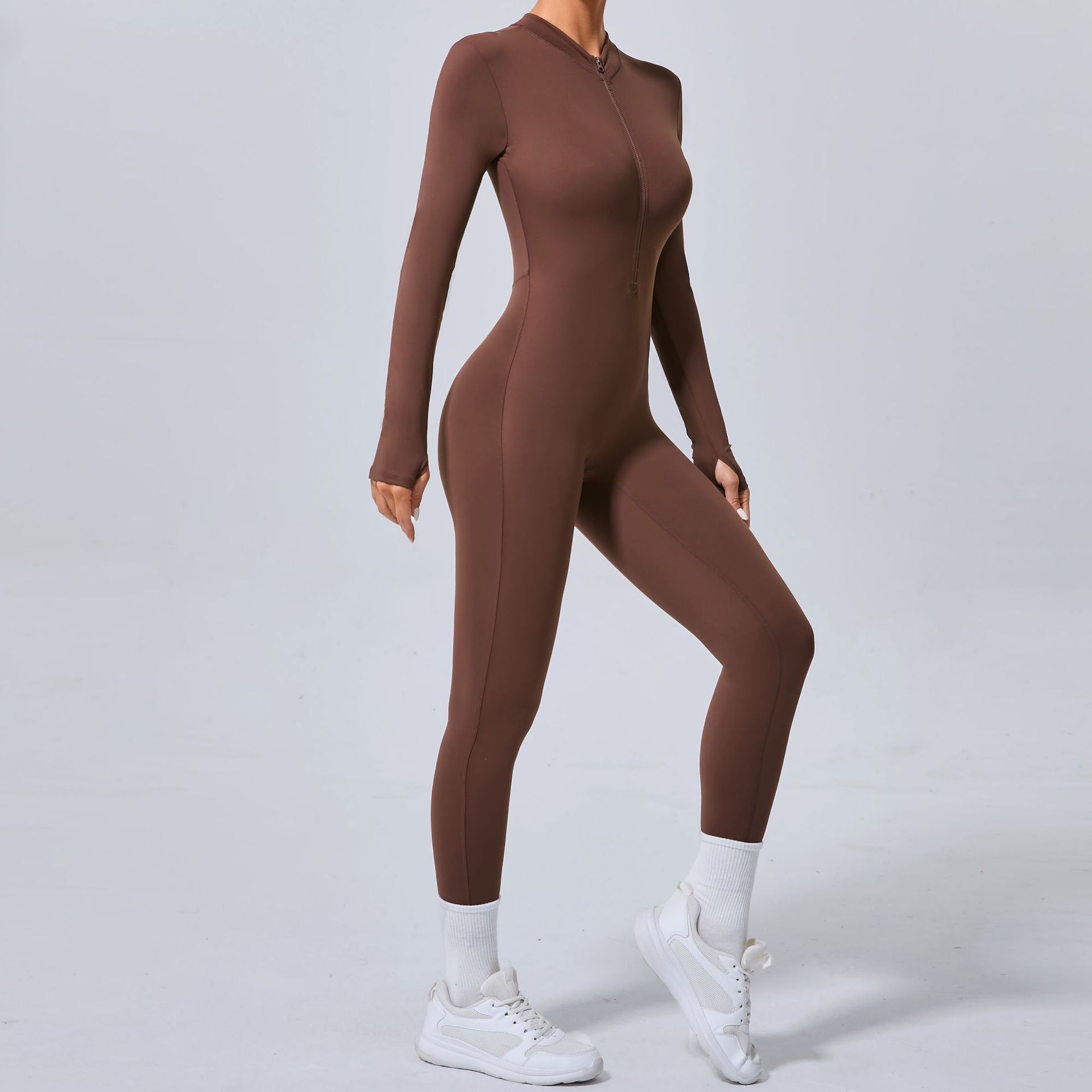Half Zipper Workout Yoga Jumpsuit Sports Overalls Women Long Sleeve Slimming Thumb Gym Clothing Running Fiess Suits Tracksuit