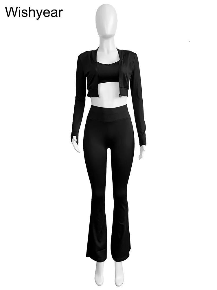 Fashion Solid 3 Pieces Sets Women Long Sleeve Crop TopsTanksFlare Pants Active Fitness Jogging Tracksuits Streetwear Outfits 241209