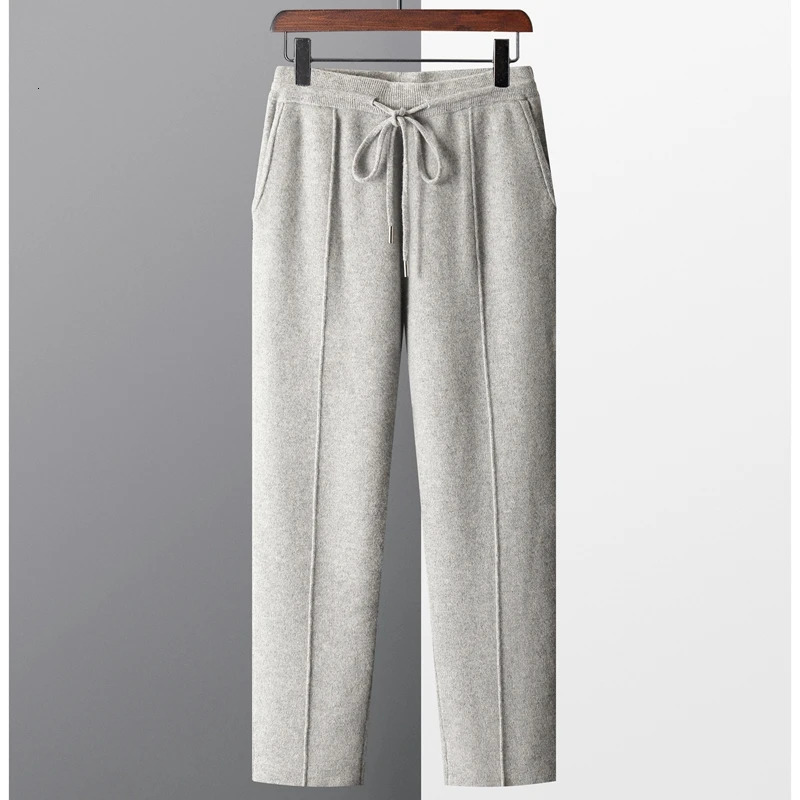 100% Merino wool mens wool pants for autumn and winter thick knitted pants slim fit solid color flat angle pants 241211