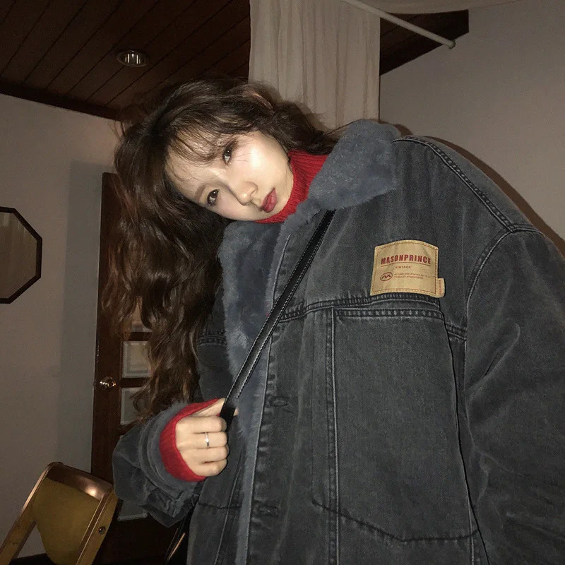 Winter Warm Velvet Jeans Womens Jacket Korean Thick Velvet Coat Womens Casual Wool Coat 241210