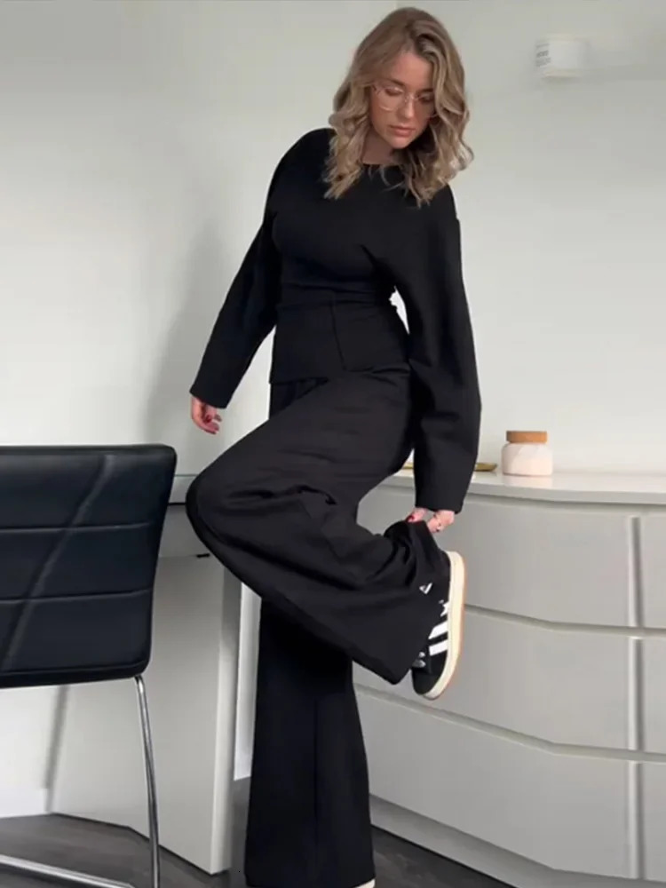Elegant Solid Top Pants Sets Women Two Piece Sets O-Neck Long Sleeve Pullover Wide Leg Trousers Set Casual Office Outfit 241214