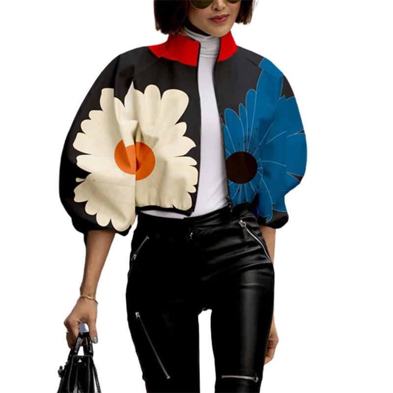Yeezzi Womens Fashion Contrast Color Printed Stand up collar Elegant Jacket Spring/Summer Casual Jacket 241214
