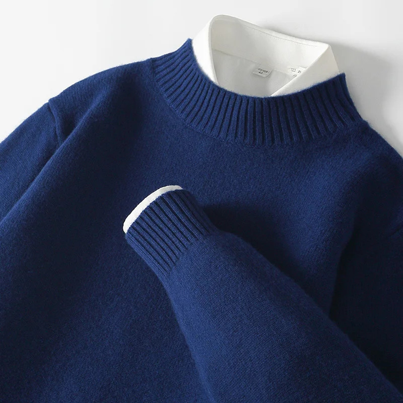 WOTEEWS 100% pure wool mens semi high neck sweater loose knit business casual long sleeved pullover product 241209