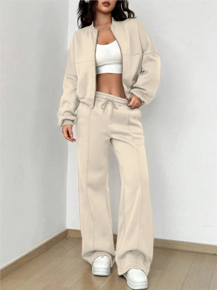 Fashion Long-sleeved Cardigan Zipper Top Wide-leg Pants 2-piece Set Women Autumn Elegant Solid Color Elastic Female Suit Y2K 241214