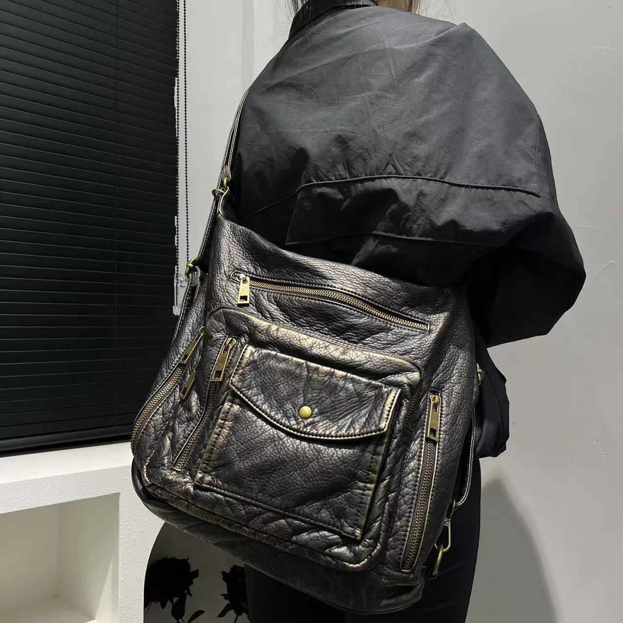 TEMU Women's Fashion Y2k Washed Used Hot Girl Motorcycle Tote Multi Functional Shoulder Bag