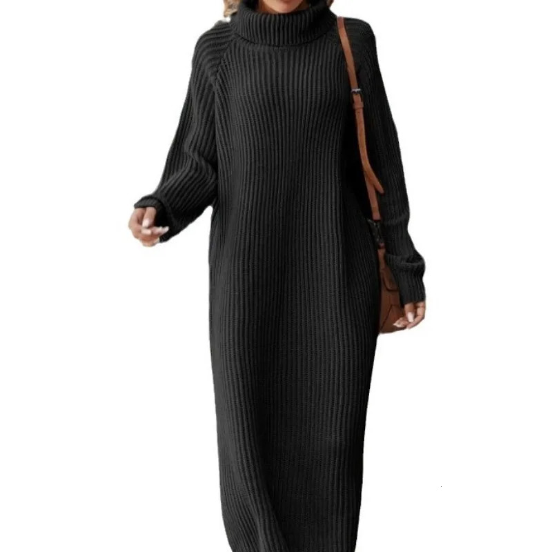 Women Solid Color Loose High Collar A Long Sweater 2023 Autumn Winter Dress Sleeve Knitted 241212