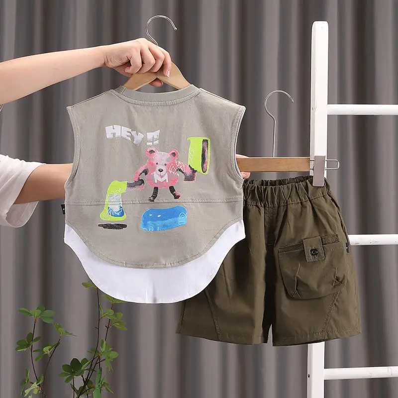 Clothing Sets Summer Children Outing Clothes Kids Boy Girl Printed Cartoon Vest Cartoon Shorts 2Pcs/sets Infant Kids Fashion Toddler Tracksuit H241214