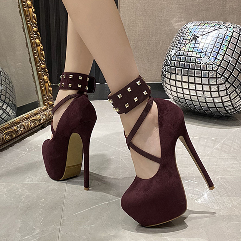 Liyke Big Size 43 44 45 Women Pumps Solid Black Round Toe Metal Rivet Ankle Hook Strap Platform High Heels Wedding Banquet Shoes