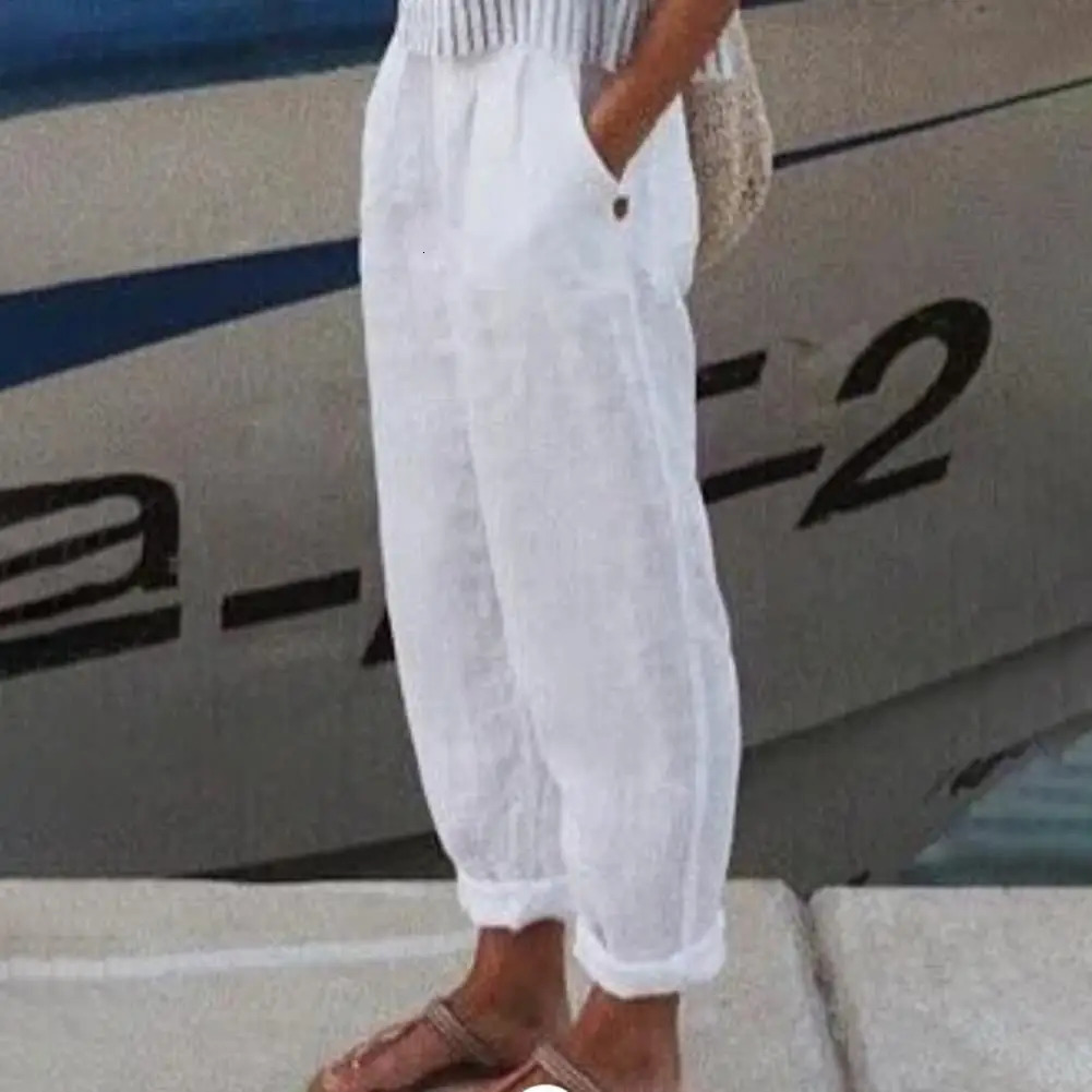Cotton Flax Women Harem Pants Solid Color Pockets Summer Elastic Waist Baggy Pure Sweatpants Elegant Casual 241212