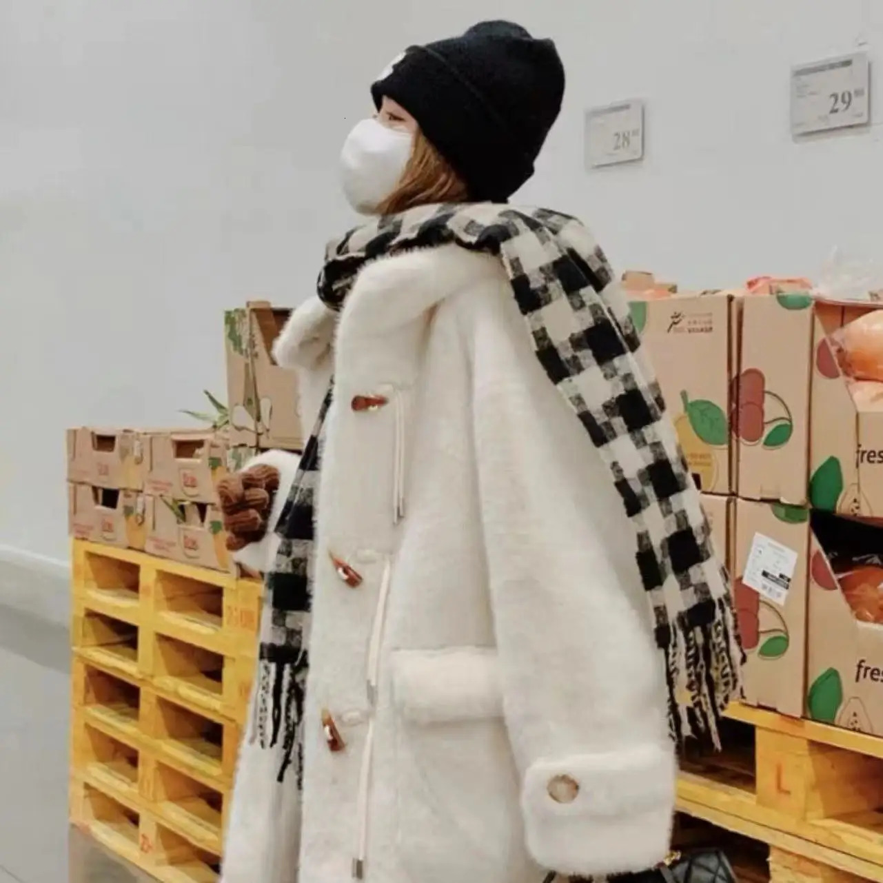 Winter Coat Hoodie Fashion Horn Button Environmental Protection Fur Women Clothing Thick Plush Loose Long Coats for 241211