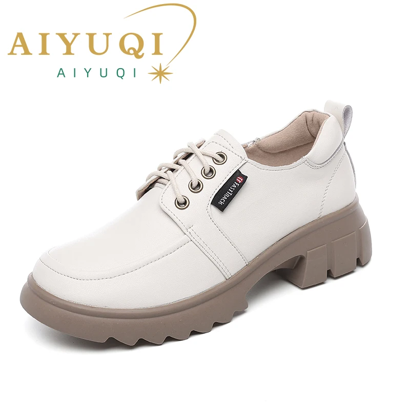 AIYUQI Women's Loafers Genuine Leather Fall Vintage Ladies Shoes British Style Lace-Up Shoes Women