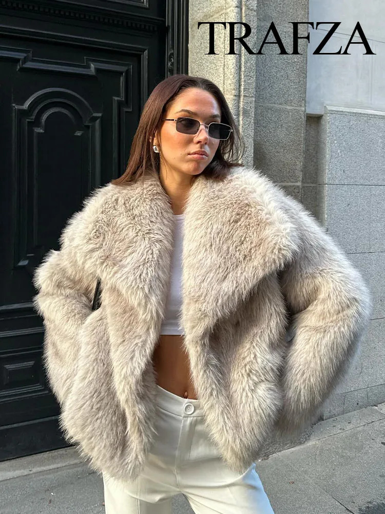 TRAFZA Warm Fluffy Artificial Fur Long Sleeve Coat for Womens Casual Loose Collar Coat Street Coat Winter Jacket Top 241214