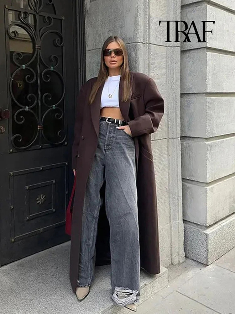 TRAF Women Fashion Double Breasted Lapel Wool Coat Elegant Long Sleeve Casual Pocket Autumn and Winter Warm Street 241210