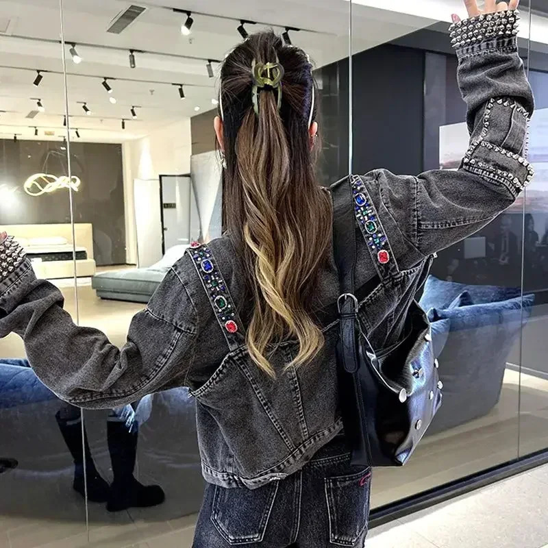 Short crop gray inlaid with stones spring autumn rhinestone bicycle womens jeans jacket small womens denim jacket diamond trading 241209