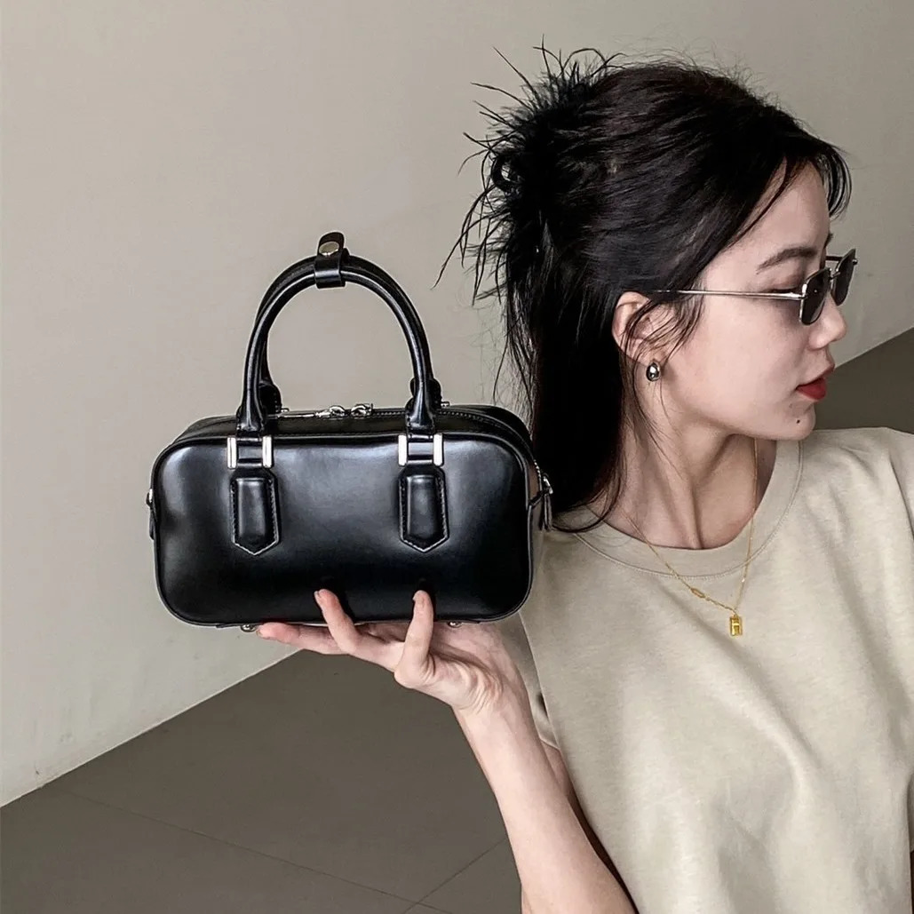 2024 simple Boston bowling tote bag silver black glossy denim leather womens shoulder bag square Versatile womens handbag 241212