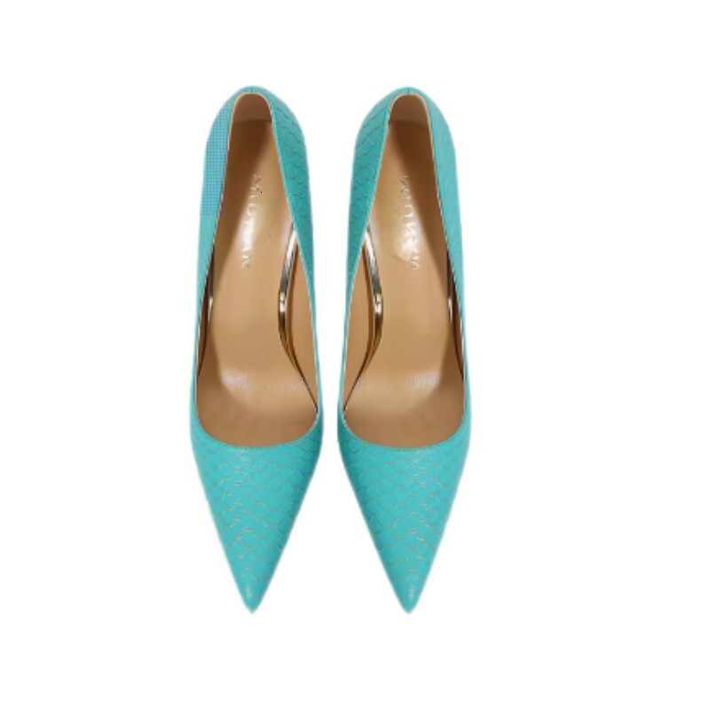 Snake Skin Pattern Blue High Heels For Women, 2024 New Item, Slim Heel, Pointed Toe, Shallow Mouth Design, Niche Single Heel Shoes