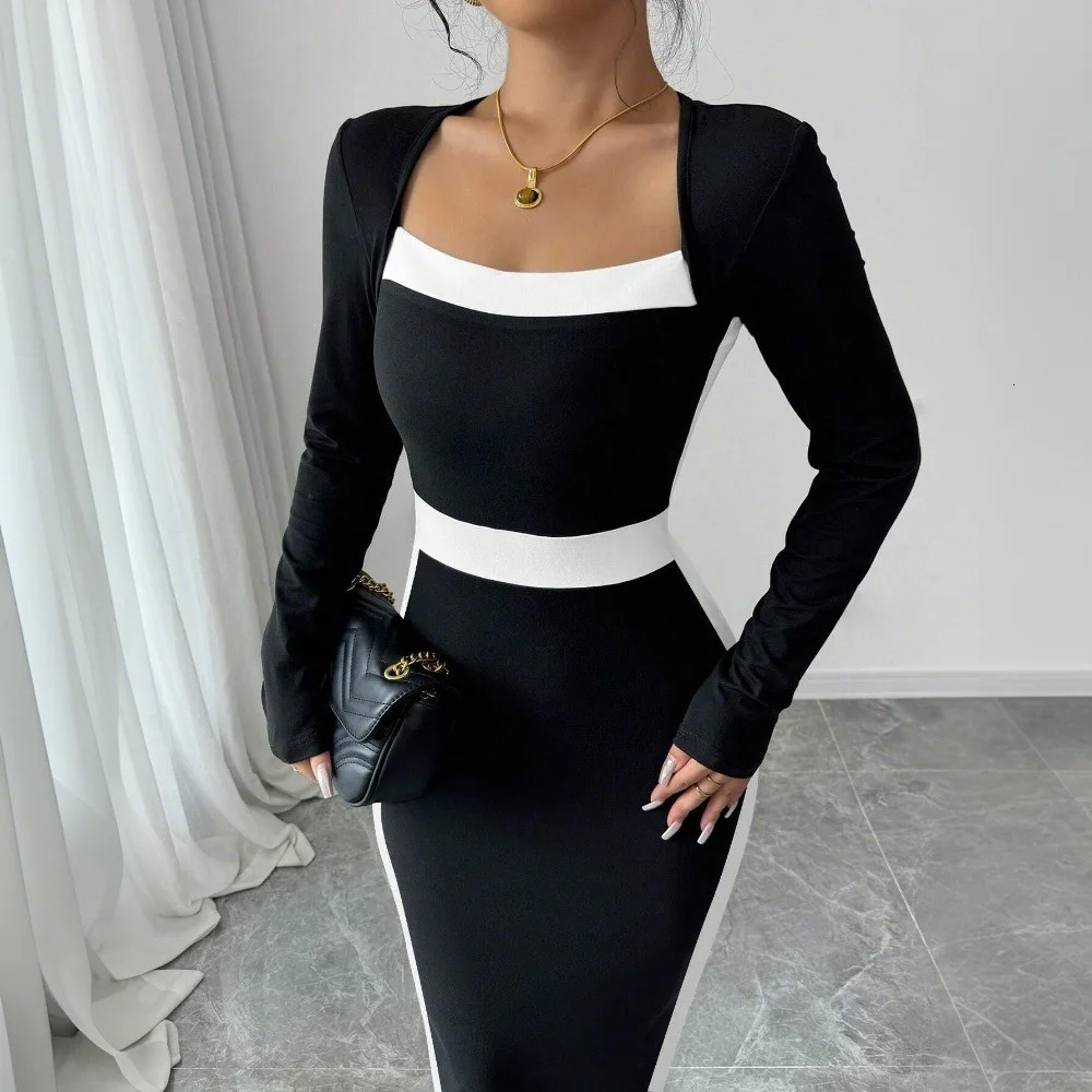 Autumn Winter Womens Sweater 2024 Arrival Square Neck High Waist Long Knitted Dress Korean Maxi 241212