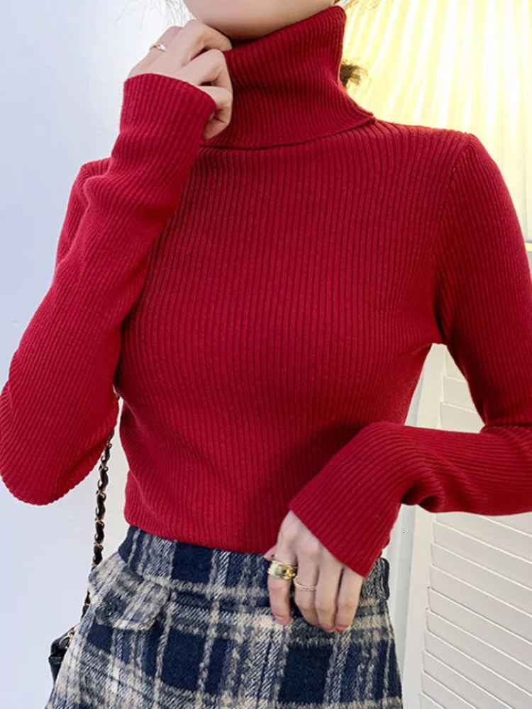 ZOKI 2023 Womens Pullover Turtleneck Sweater Autumn Long Sleeve Ultra Thin Elastic Korean Simple Basic Jumper Solid Color Top 241211