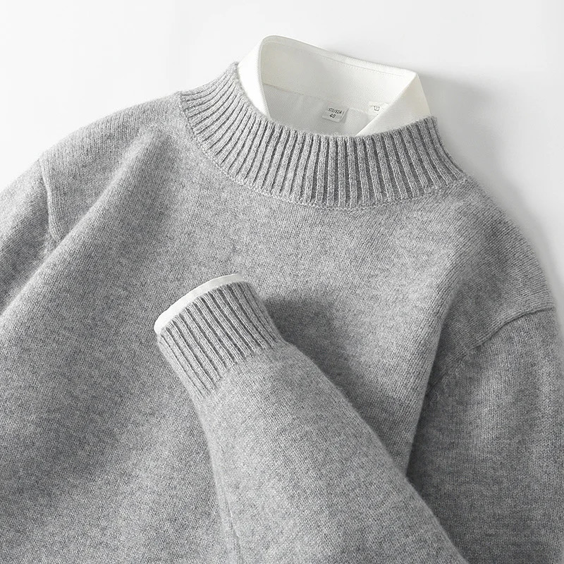 WOTEEWS 100% pure wool mens semi high neck sweater loose knit business casual long sleeved pullover product 241209