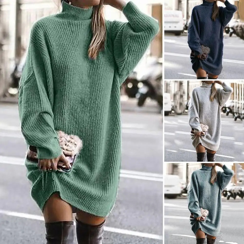 Winter Dress Turtle Neck Bat Wing Long Sleeve Ribbed Warm Sweater for Women Autumn Knitted Midi 241212