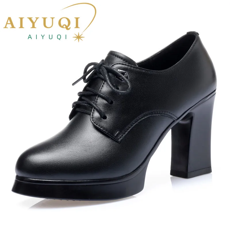 AIYUQI Women Spring Shoes High Heel Genuine Leather Ladies Shoes Thick Heel Platform Pumps Fashion Dress Shoes Women
