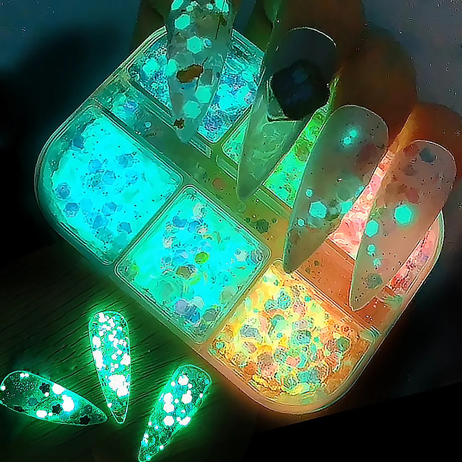1 box of luminous nail glitter neon hexagonal fluorescent film used for art decoration craft TR190920 emitting light in the dark 241213
