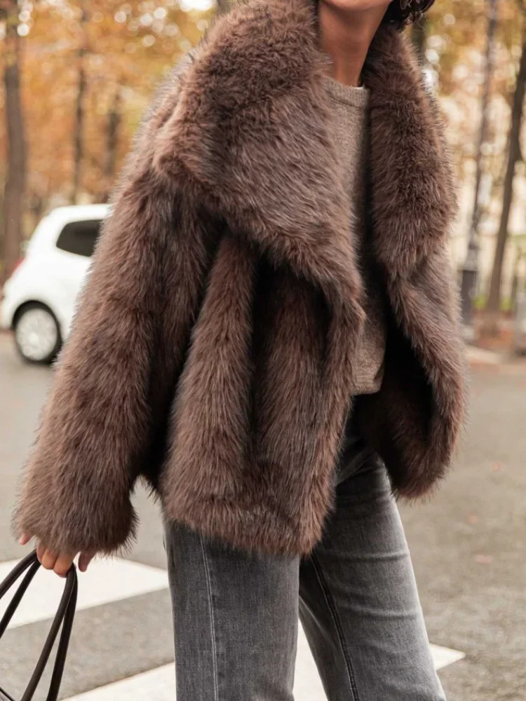 Brown Big Lapel Faux Fur Fury Womens Coats Fluffy Long Sleeved Thick Warm Jackets Winter Lady Casual Street Outwear 241211