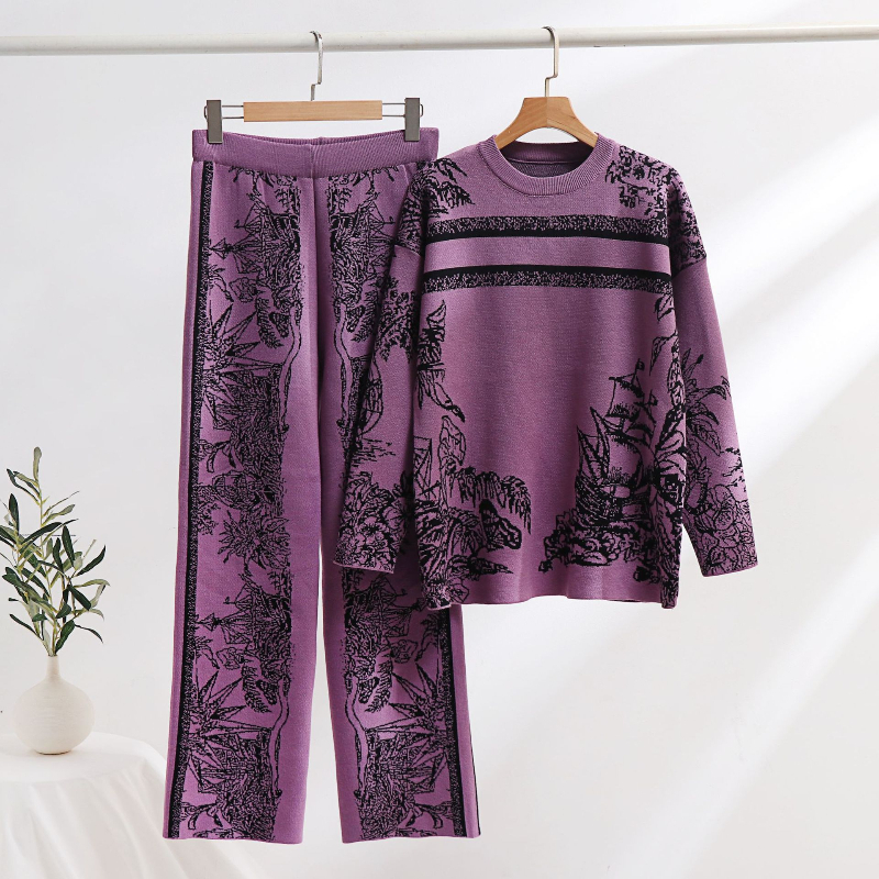 Vintage Elegant Loungewear 2Pcs Pants Set Ink Ral Knit Sweater Matching Casual Knitted Two Piece Sets Women