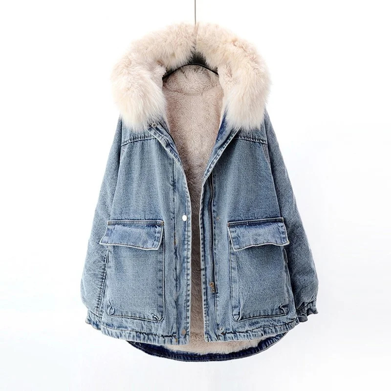 High quality womens winter fur lining warm loose jacket denim jacket fox fur collar hooded casual jacket denim jeans jacket 241210