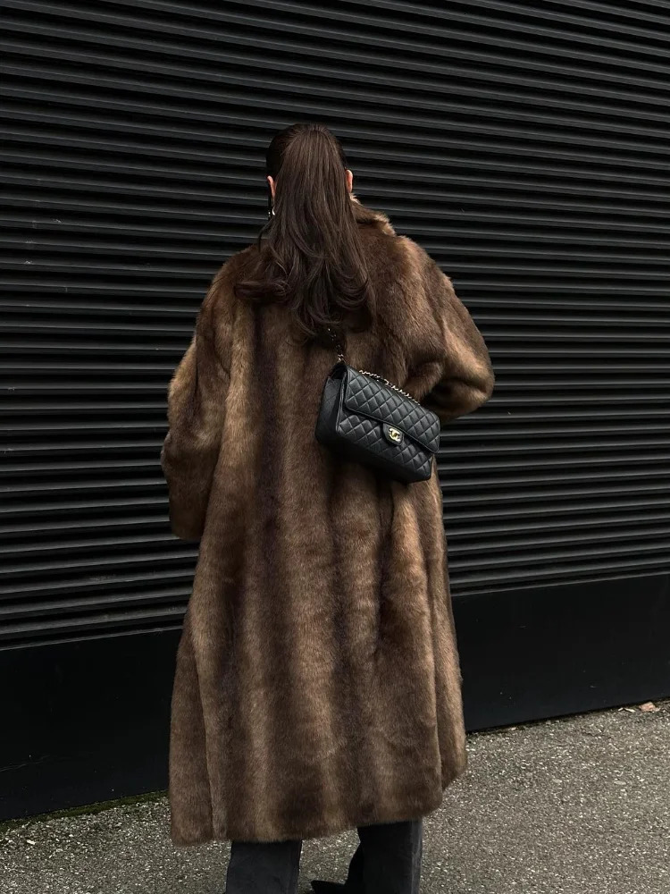 Womens Dark Brown Faux Fur Warm Long Coat Single Breasted Oversized Thickened Overcoat Winter Fluffy Plush Female Outerwear 241211