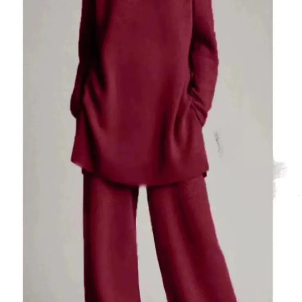 Autumn And Winter For Womens High Neck Knitted Pants Casual Pocket Retro Loose Female Office Knitting 2 Piece Set 241203