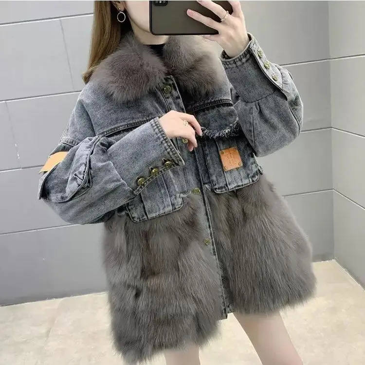 Fur patchwork denim fur coat womens clothing autumn/winter fur one-piece Korean fashion thick loose fur jacket womens top 241210