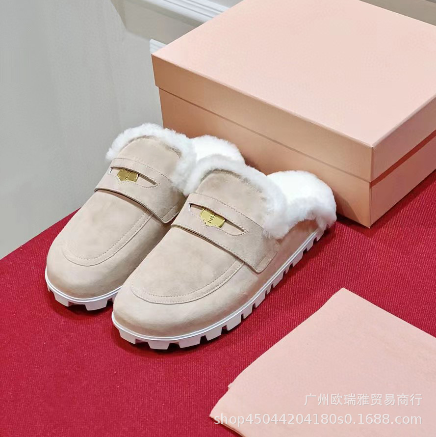 23 Winter New Hairy Baotou Half Slippers For Women, Flat Bottom, Versatile, Casual, Coin, Wool, One Step, Muller Shoes