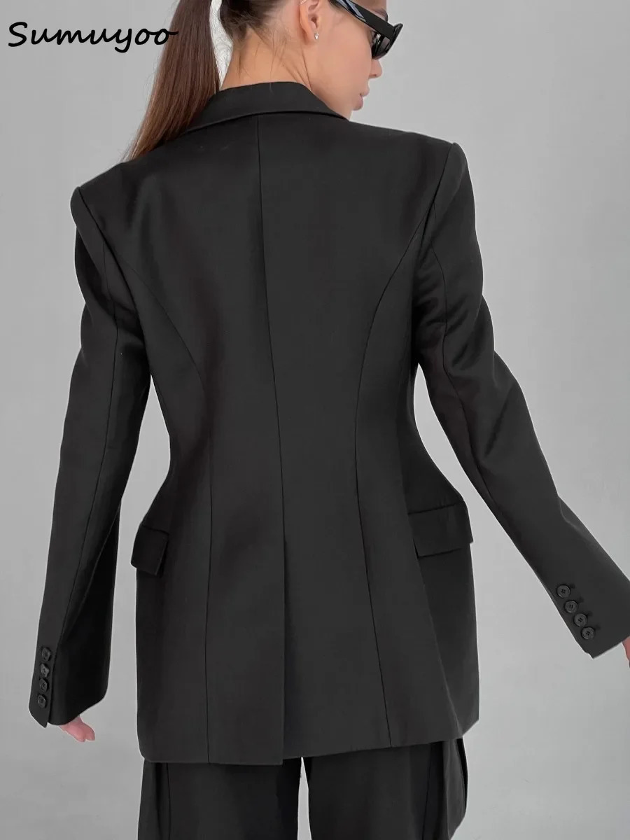 Sumuyoo Blazer Women Autumn Winter Slim Waist Chic Coats Office Ladies Double Breasted Fashion Jacket Clothing 241209