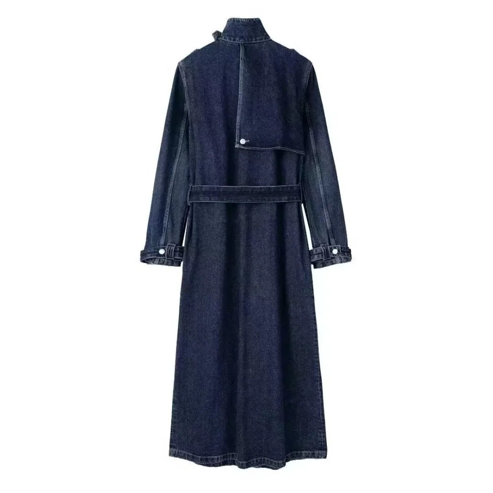 Womens fashionable n denim long windproof jacket stand up collar belt casual for autumn and winter 241211