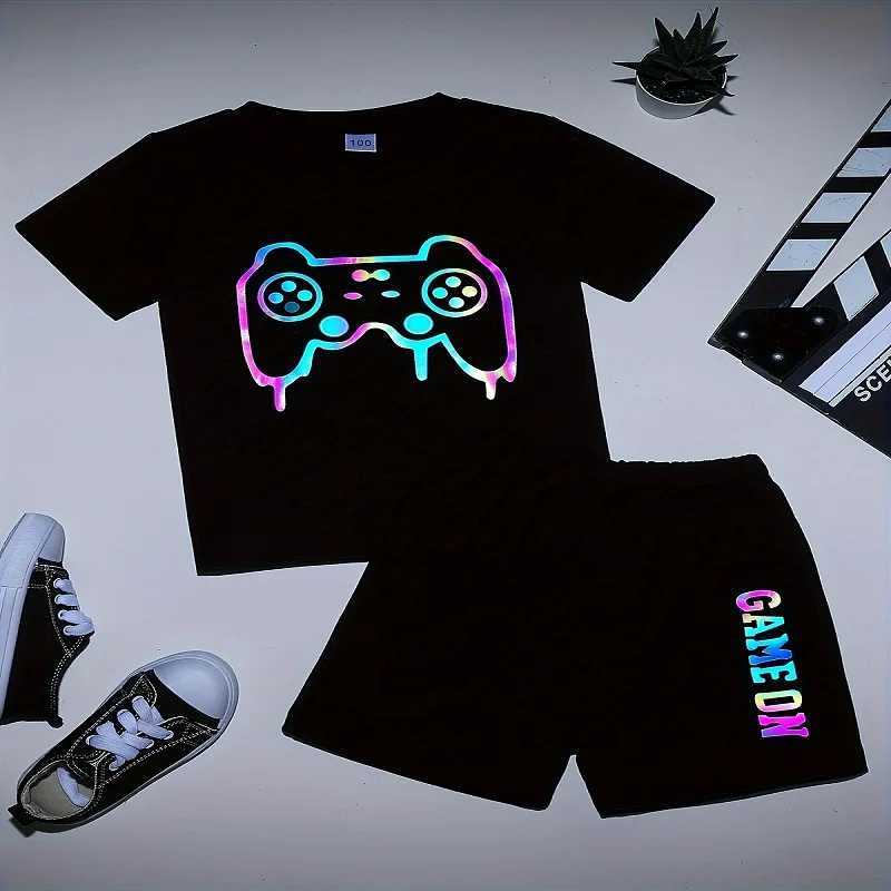 Clothing Sets Summer Baby Girl Clothes Kid Boy Colour Handle Printing T-Shirts Pants Suit Children Short Sleeve Top and Bottom 2 Pieces Set H241214