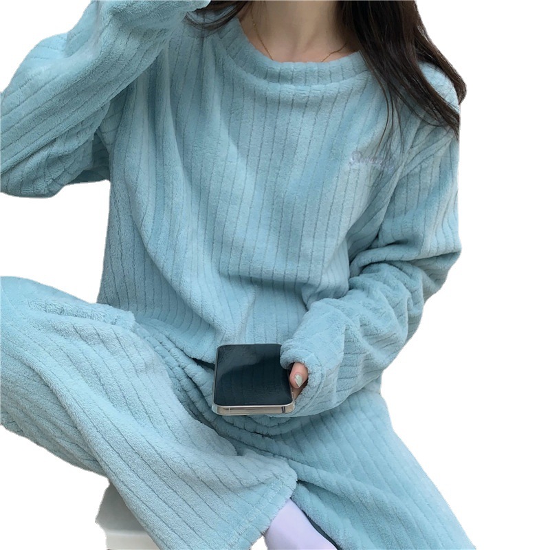 B145-Wear fashionable suit thick fleece winter home clothes cute pajamas outer home flange style coral long cardigan women