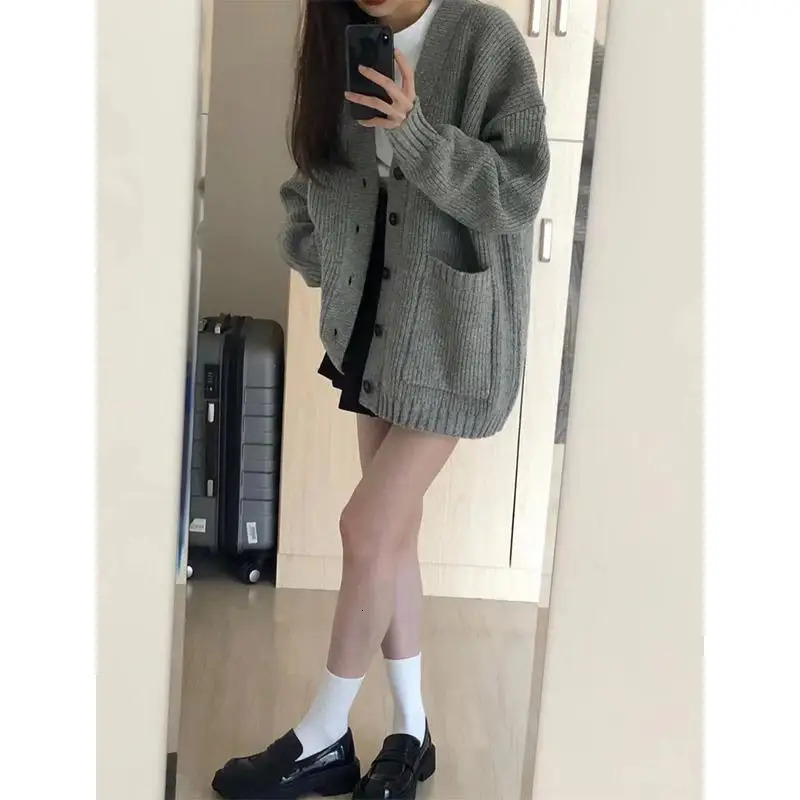 Cardigan Knitted Gray Sweater Jacket Spring and Autumn Womens Clothing French Casual High-end Womens Top 241214