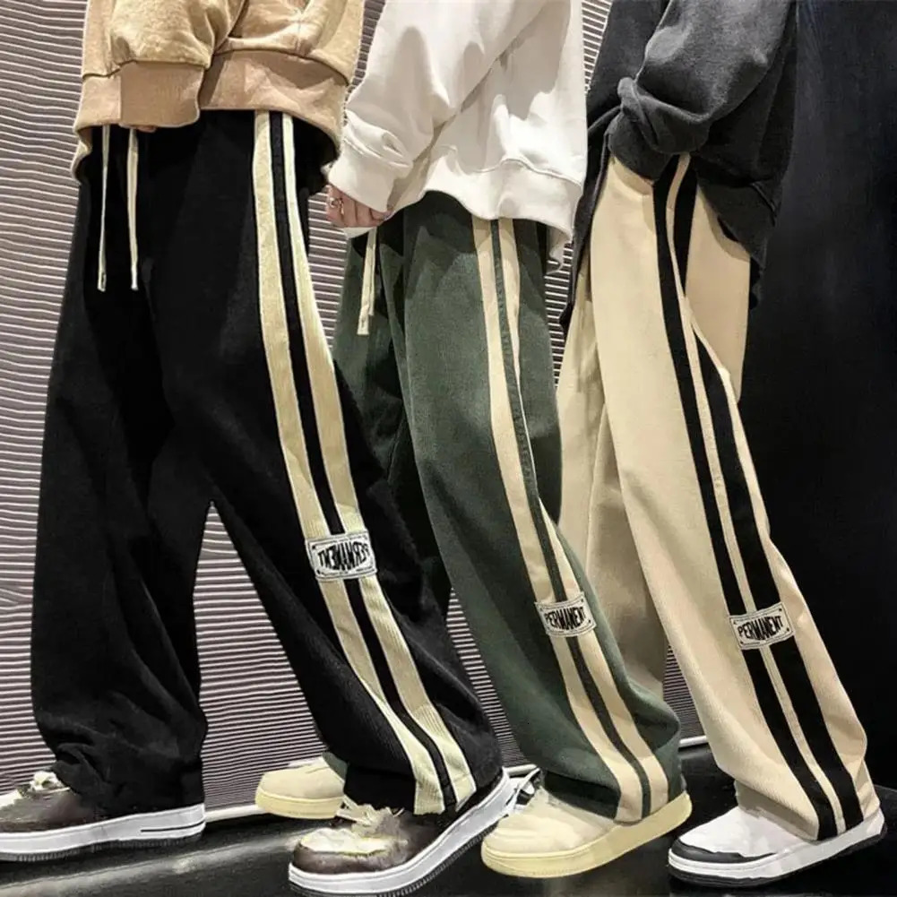 Men Casual Pants Retro Striped Mens Sweatpants with Elastic Waist Wide Leg for Comfortable Street Style Soft 241214