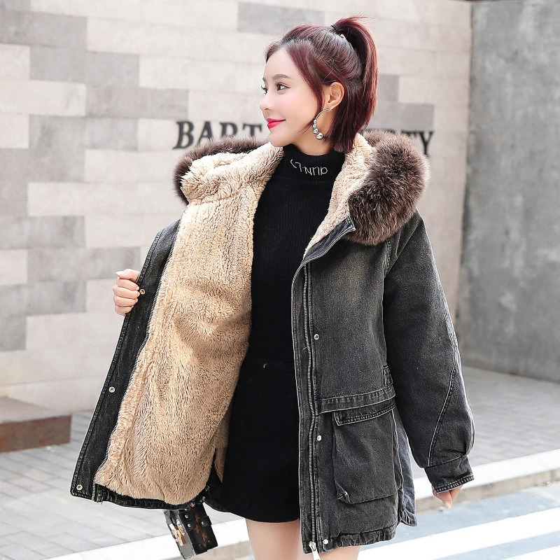 Winter Sheepskin Loose Womens Denim Coat Thick Hooded Big Fur Collar Coat Retro Plus Velvet Denim Cotton Mat Jacket 241210