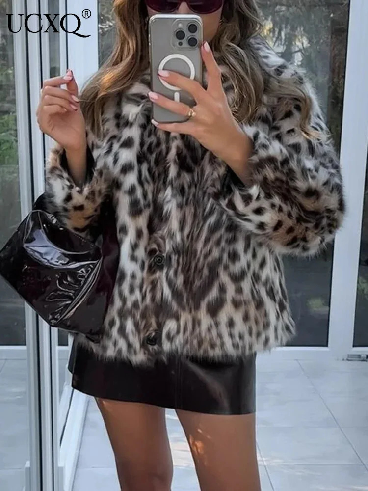 UCXQ Fashion Leopard Print Faux Fur Coat For Women Lapel Long Sleeve Chic Jacket Female Autumn Winter Outerwear C2781 241211