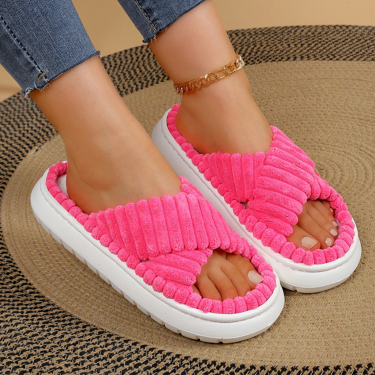 Autumn Winter Corduroy Home Slippers Women Cross Band Thick Soft Sole Slides Platform Shoes Woman Non Slip Indoor 241214