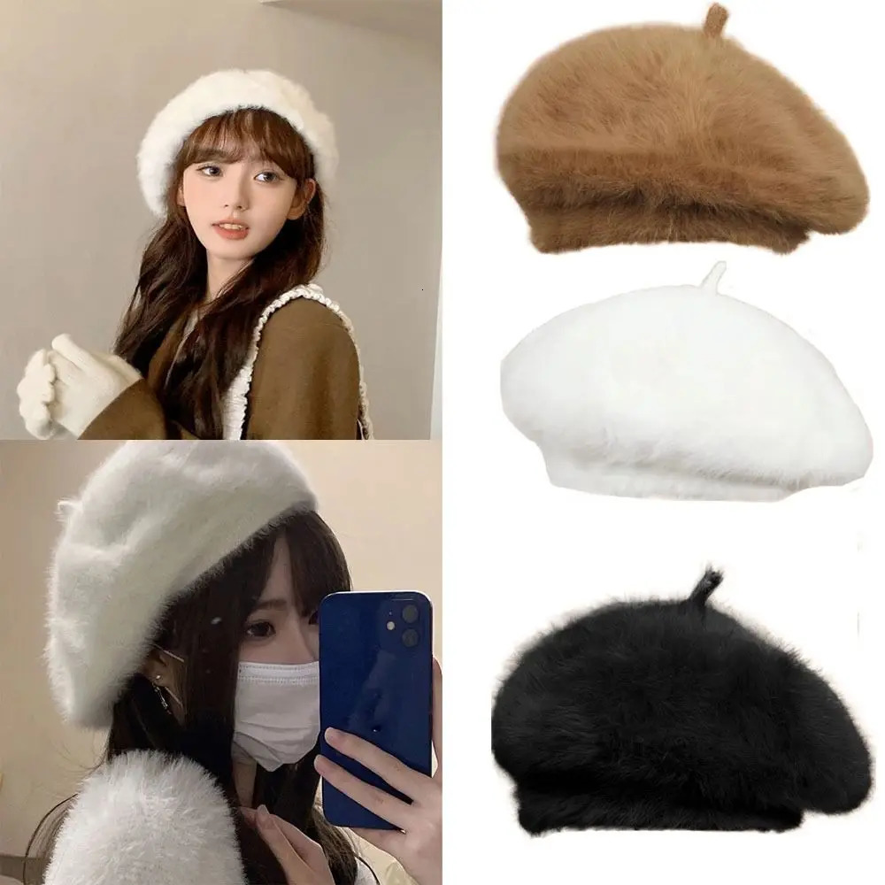 Warm plush beret flat hat solid color thick autumn and winter clothing accessories Panama warm beanie party 241210