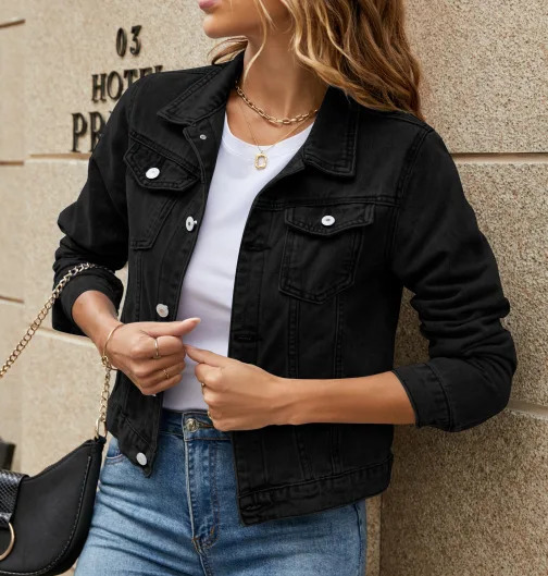 Womens Fashion Trends in Europe and the United States Collar Pocket Single Chest Short Denim Jacket Spring Autumn 241211