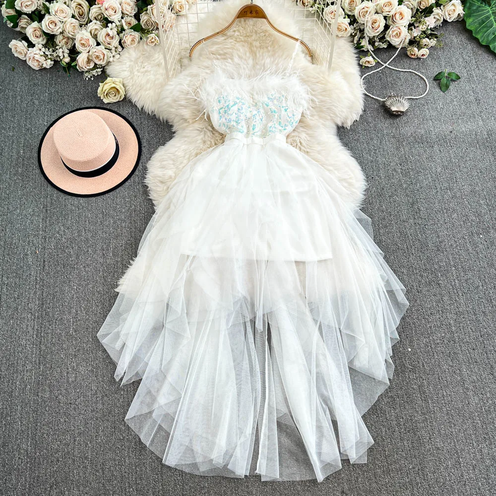 Casual Dresses Summer Dresses Christmas White Dress Women Spaghetti Strap Feathers Birthday Party Princess Vestidos De Noche Juveniles Sequins Dresses
