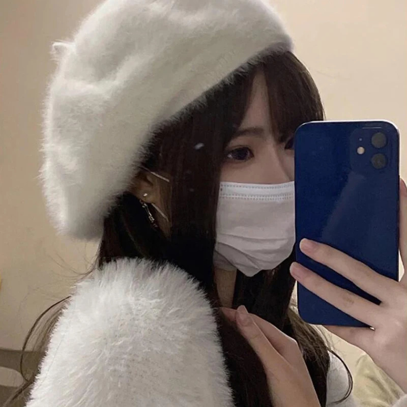 Autumn and Winter Thick Plush Beret Womens White Soft Rabbit Fur Warm Fashion Street Clothing Artist Painted Hat 241210