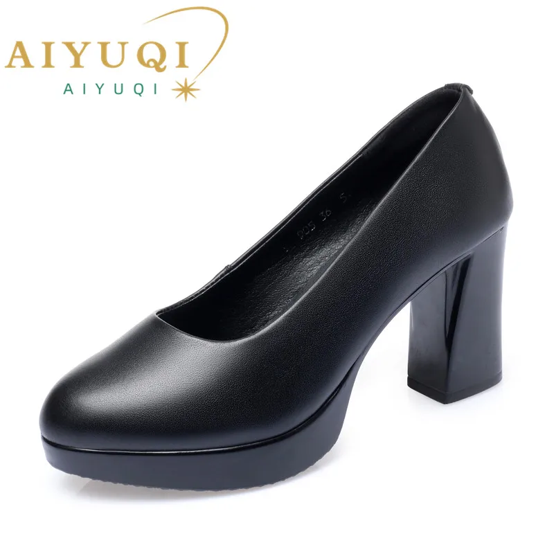 AIYUQI High Heel Women Shoes Spring Genuine Leather Fashion Large Size Thick Heel Women Dress Shoes