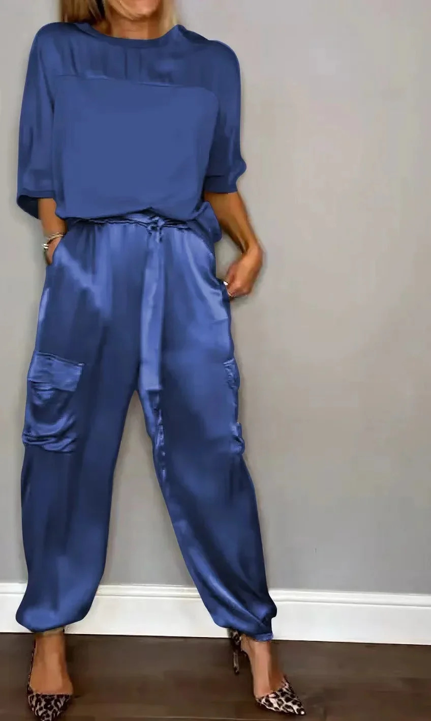 Autumn Elegant Womens Smooth Satin Set Street Scenery Smooth Satin Half Sleeve Shirt Casual Pants Sports Two Piece Set 241214